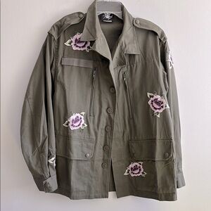 Vintage French military jacket upcycled with floral embroidered patches
